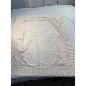 Vintage Pale Pink Knit Baby Blanket Satin Ribbon Rose 1980's Throw 37 X 34.5